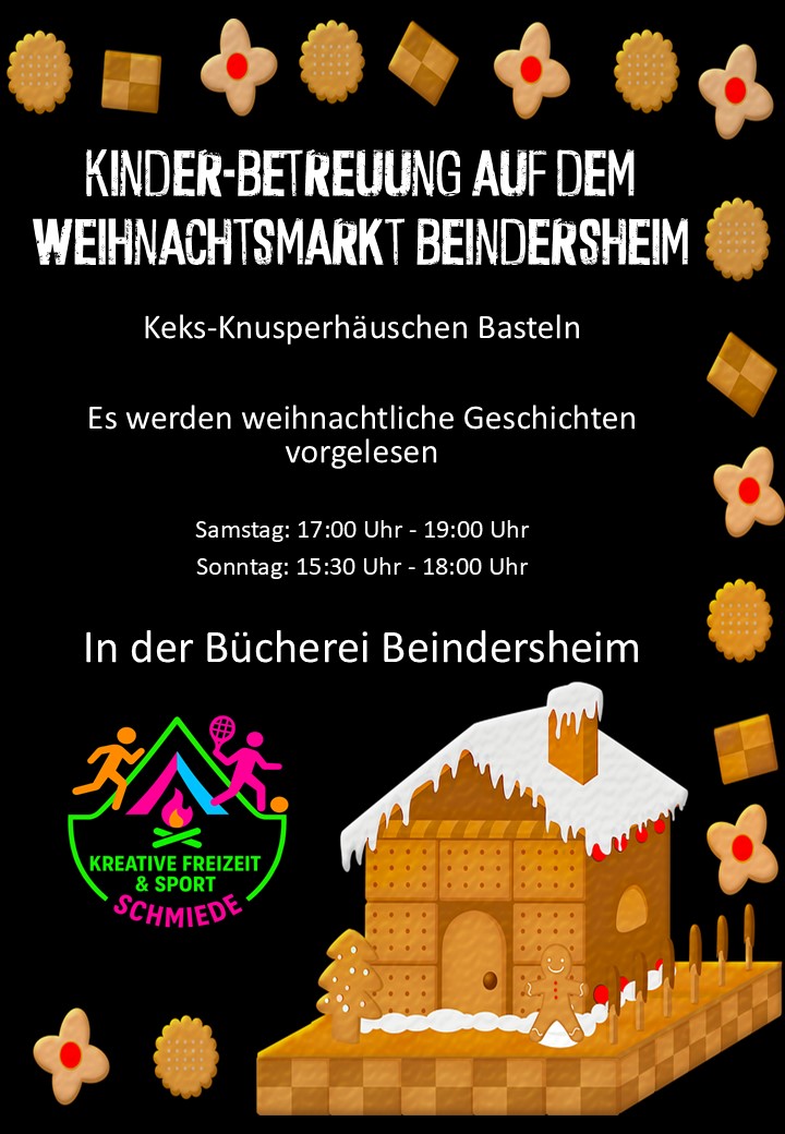 Programmflyer in schwarz. Am Rand sind verschiedene Plätzchen und im Vordergrund ist ein Lebkuchenhaus mit Zuckerguss-Schnee zu sehen.